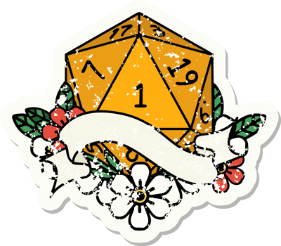grunge sticker of a natural one d20 dice roll png