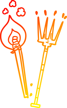 warm gradient line drawing of a cartoon pitchfork and burning brand png