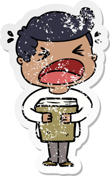 distressed sticker of a cartoon shouting man with book png