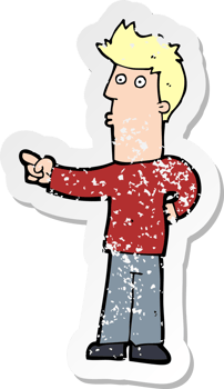 retro distressed sticker of a cartoon man pointing drawing png