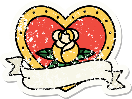 distressed sticker tattoo in traditional style of a heart rose and banner png