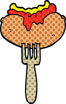 comic book style cartoon hotdog with mustard and ketchup on fork png