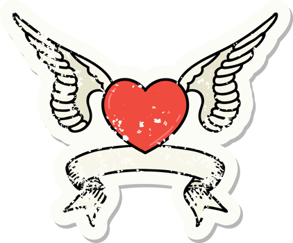 worn old sticker with banner of a heart with wings png