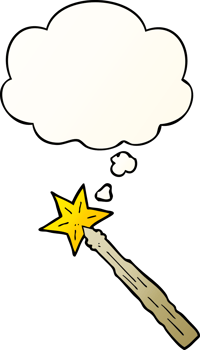 cartoon magic wand with thought bubble in smooth gradient style png