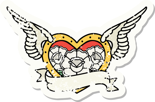 distressed sticker tattoo in traditional style of a flying heart with flowers and banner png