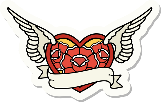 sticker of tattoo in traditional style of a flying heart with flowers and banner png