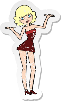 retro distressed sticker of a cartoon woman in cocktail dress drawing png