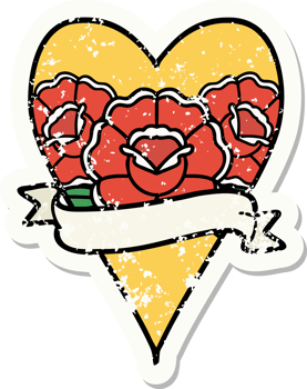 distressed sticker tattoo in traditional style of a heart and banner with flowers png