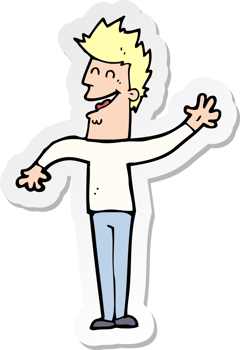 sticker of a cartoon happy man waving png