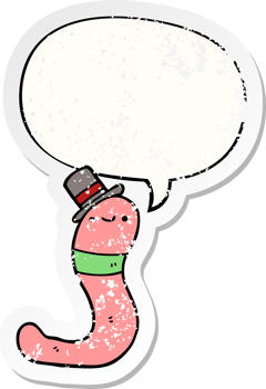 cute cartoon worm with speech bubble distressed distressed old sticker png