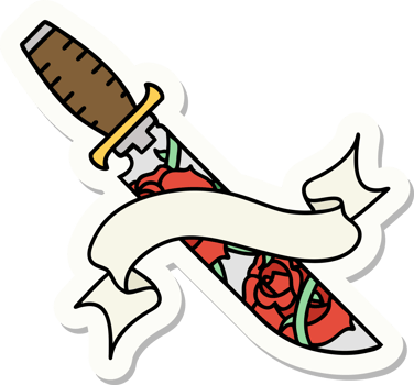 tattoo style sticker with banner of a dagger and flowers png