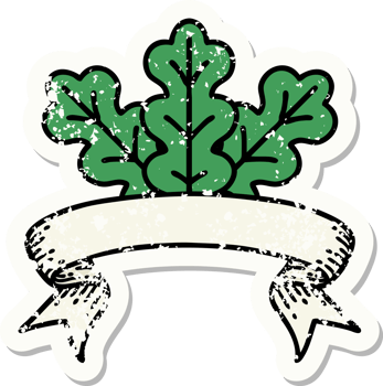 worn old sticker with banner of leaf png