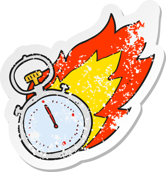 retro distressed sticker of a cartoon flaming stop watch png