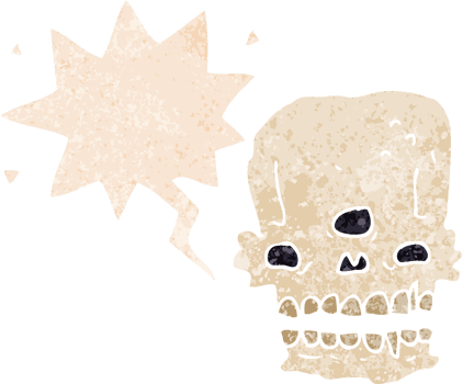 cartoon spooky skull with speech bubble in grunge distressed retro textured style png
