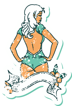 distressed sticker tattoo in traditional style of a pinup swimsuit girl with banner png