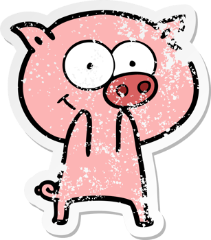 distressed sticker of a cheerful pig cartoon png