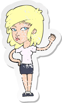 retro distressed sticker of a cartoon pretty woman waving drawing png