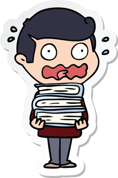 sticker of a cartoon man with books totally stressed out png