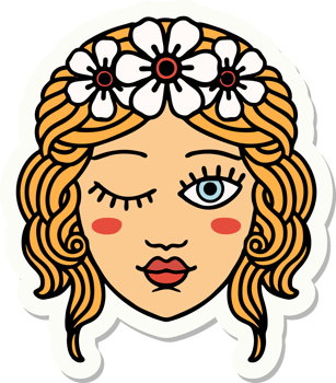 sticker of tattoo in traditional style of a maidens face winking png