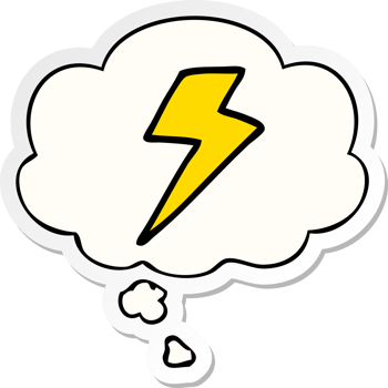 cartoon lightning bolt with thought bubble as a printed sticker png