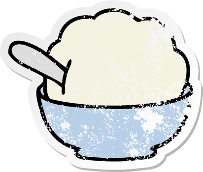 distressed sticker of a quirky hand drawn cartoon ice cream bowl png