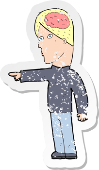 retro distressed sticker of a cartoon clever man pointing drawing png