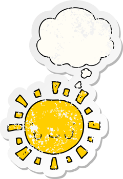cartoon sun with thought bubble as a distressed worn sticker png