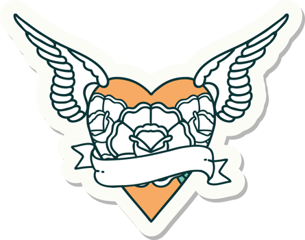 sticker of tattoo in traditional style of heart with wings flowers and banner png