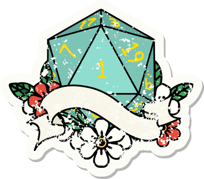 grunge sticker of a natural one d20 dice roll png