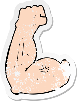 retro distressed sticker of a flexing bicep cartoon drawing png