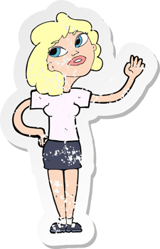 retro distressed sticker of a cartoon woman waving drawing png