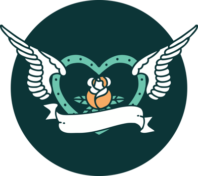 iconic tattoo style image of a flying heart with flowers and banner png