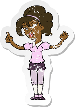 retro distressed sticker of a cartoon woman with idea png