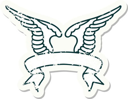 worn old sticker with banner of a wing png