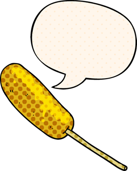 cartoon hotdog on a stick with speech bubble in comic book style png