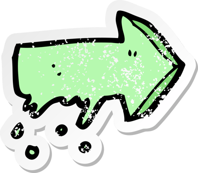 retro distressed sticker of a cartoon slimy pointing arrow symbol drawing png