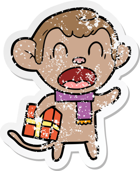 distressed sticker of a shouting cartoon monkey carrying christmas gift png
