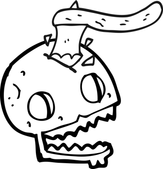 hand drawn black and white cartoon axe in skull png