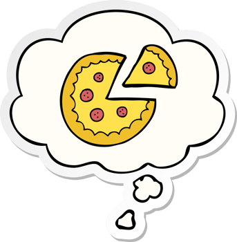 cartoon pizza with thought bubble as a printed sticker png