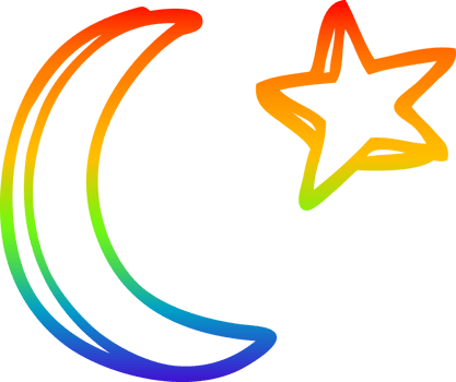 rainbow gradient line drawing of a cartoon moon and star shape png