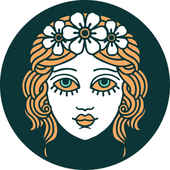 iconic tattoo style image of female face with crown of flowers png