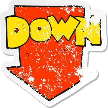 retro distressed sticker of a cartoon down arrow symbol png