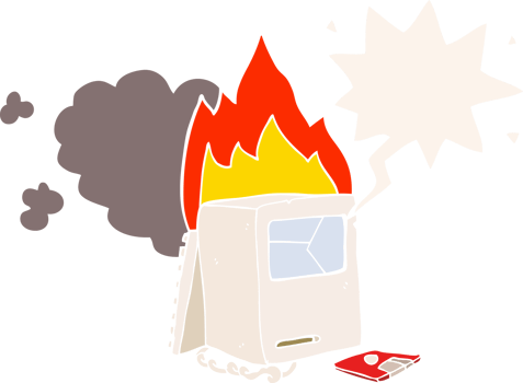 cartoon broken computer with speech bubble in retro style png