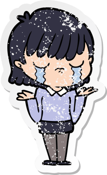 distressed sticker of a cartoon woman crying png