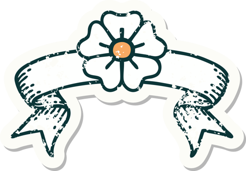 worn old sticker with banner of a flower png