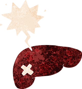cartoon unhealthy liver with speech bubble in grunge distressed retro textured style png