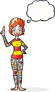 cartoon woman covered in tattoos with thought bubble png