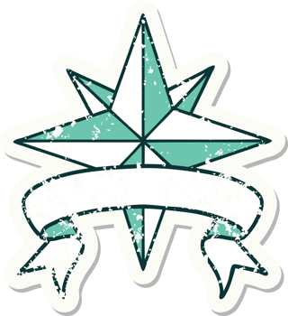 worn old sticker with banner of a star png