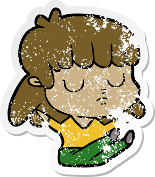 distressed sticker of a cartoon indifferent woman sitting png
