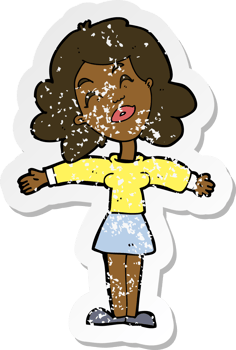 retro distressed sticker of a cartoon woman with open arms png